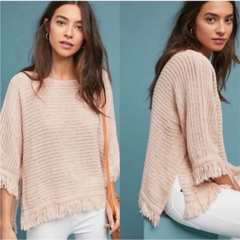 Anthropologie Akemi + Kin Frenchie Fringe Poncho Pullover Blush Sweater Small